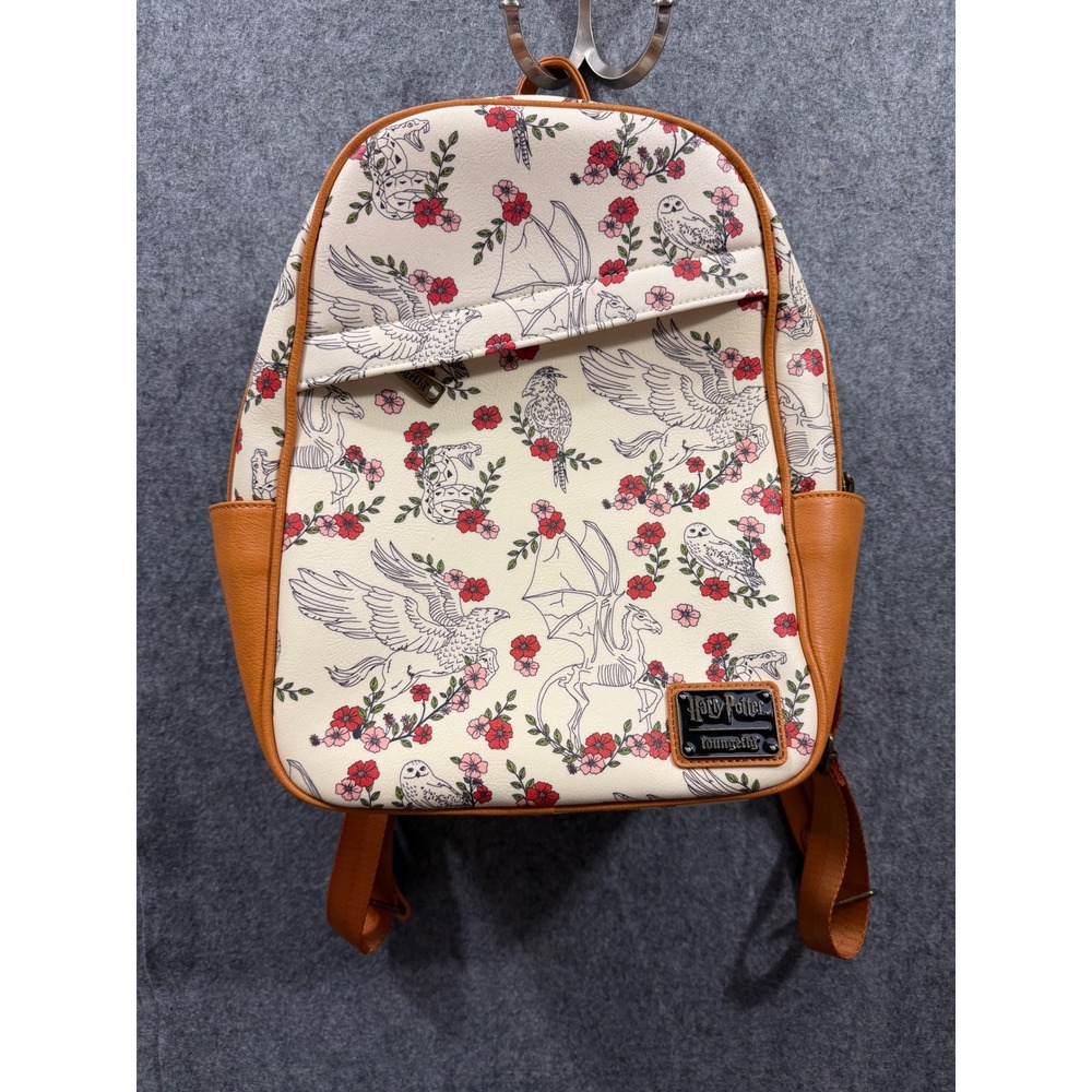 Harry Potter Loungefly Mini Backpack Floral Magical Creatures Hedwig Cream Tan